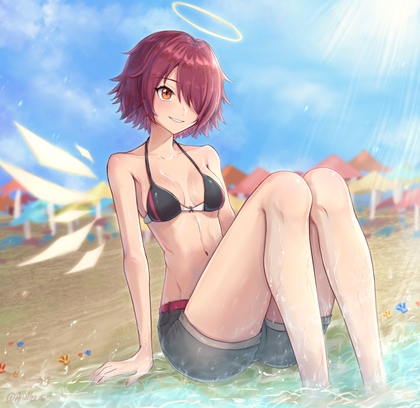 1girl, arknights, beach, belt, bikini, black_bikini, blurry, blurry_background, breasts, collarbone, commentary, day, energy_wings, exusiai_(arknights), feet_out_of_frame, grey_shorts, grin, groin, hair_over_one_eye, halo, highres, i_(taiyo_1710), knees_up, looking_up, medium_breasts, navel, on_ground, one_eye_covered, orange_eyes, outdoors, pink_belt, pink_hair, short_hair, shorts, sitting, skinny, smile, solo, sunlight, swimsuit, water, wet, wet_clothes, wet_shorts, yellow_halo