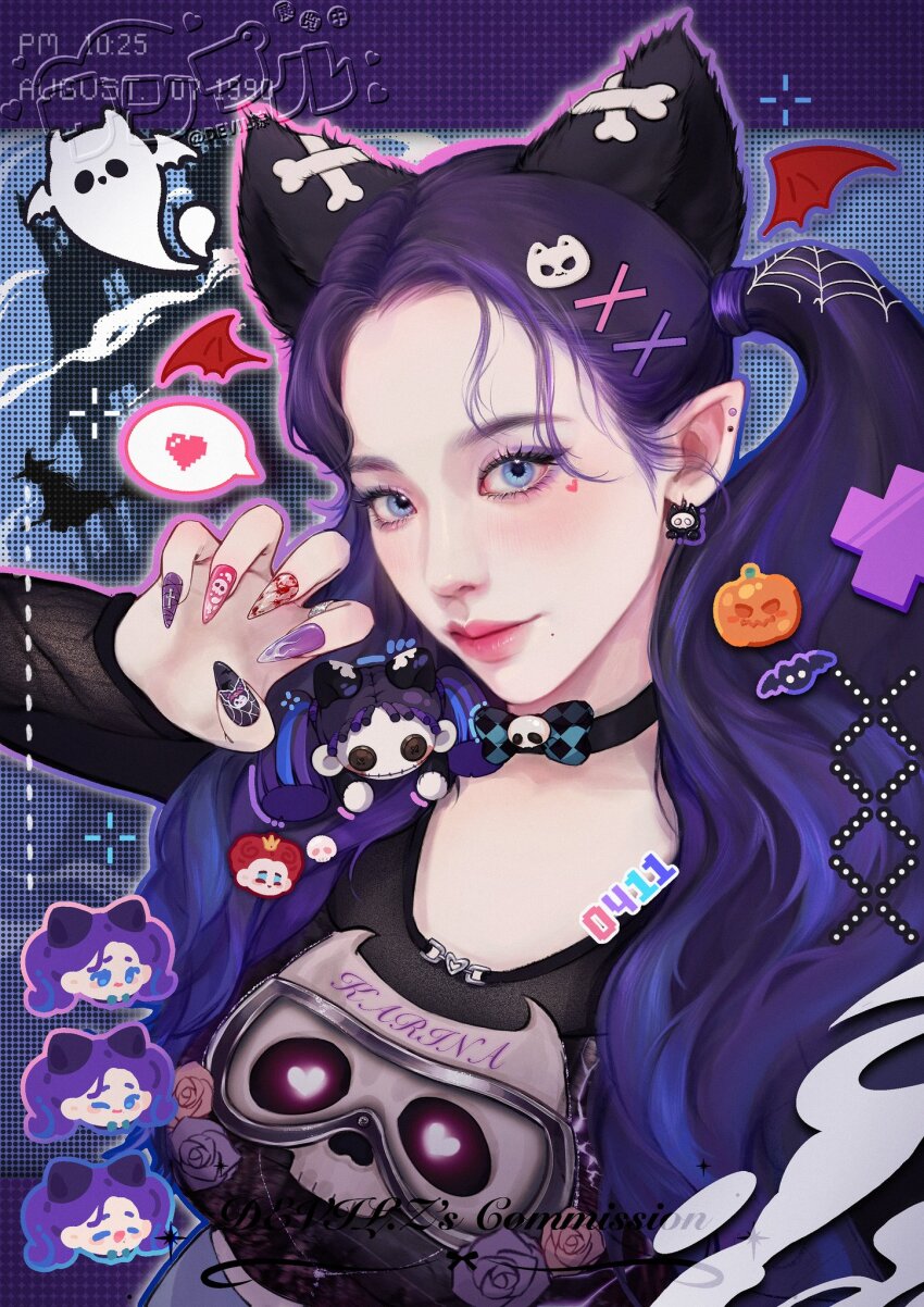 1girl, aespa, alice's_adventures_in_wonderland, animal_ears, black_choker, black_shirt, blue_bow, blue_eyes, blush, bow, breasts, cat_ears, cat_hair_ornament, chibi, chibi_inset, choker, commentary, crosshair, devilzong, east_asian, english_commentary, extra_ears, eyeshadow, facial_mark, grey_skirt, hair_ornament, halloween, heart, heart_facial_mark, highres, k-pop, karina_(aespa), kuromi, looking_at_viewer, makeup, medium_breasts, my_melody_(series), pointy_ears, print_shirt, purple_eyeshadow, purple_hair, queen_of_hearts_(alice_in_wonderland), real_life, realistic, sanrio, shirt, skirt, smile, solo, twintails, watermark