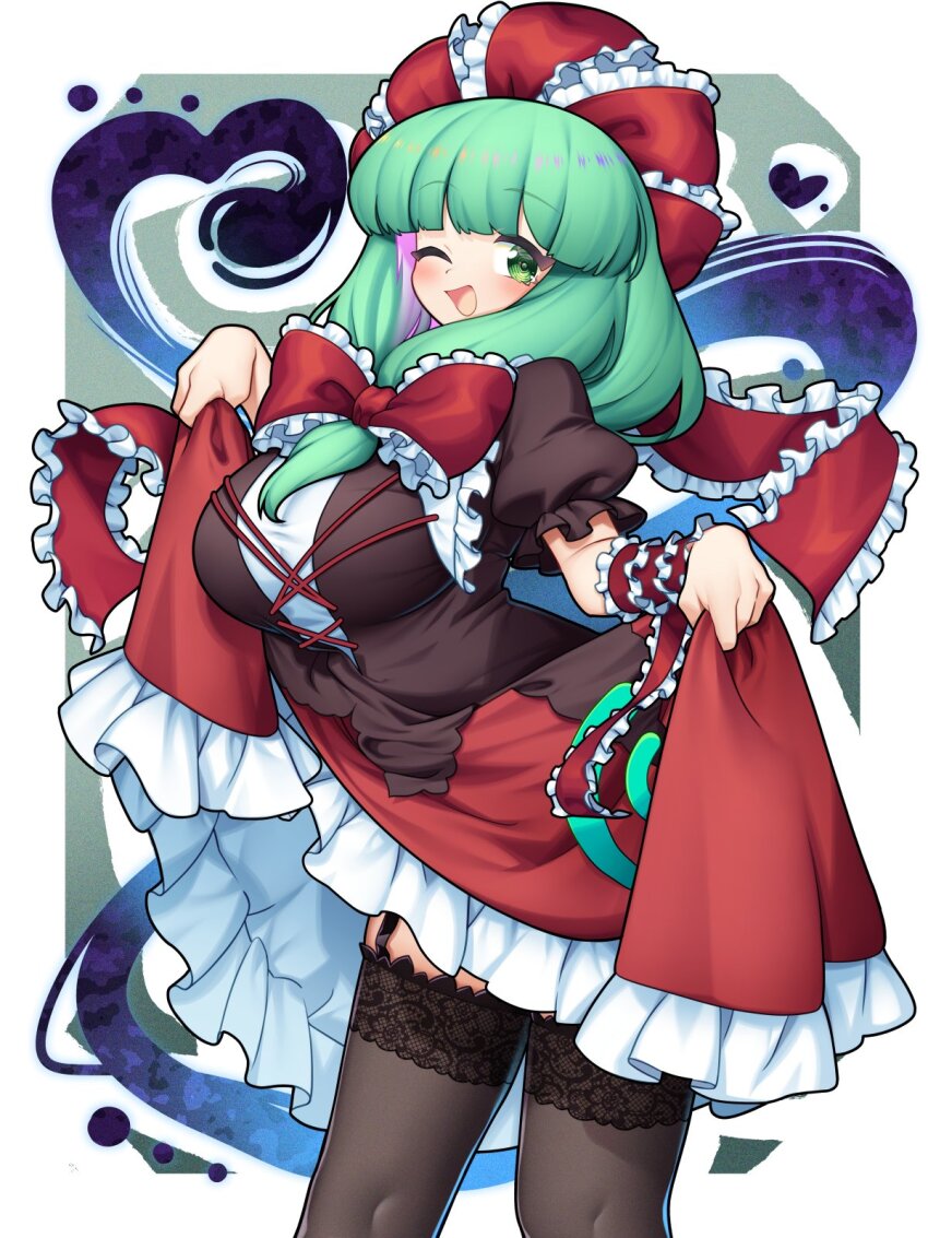 1girl, black_thighhighs, bow, breasts, clothes_lift, commission, dress, dress_lift