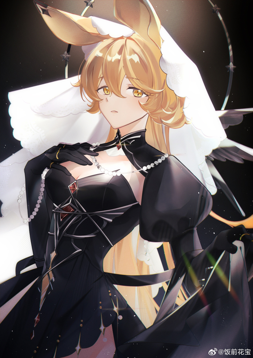 1girl, absurdres, animal_ears, arknights, black_dress, black_gloves, blonde_hair, breasts