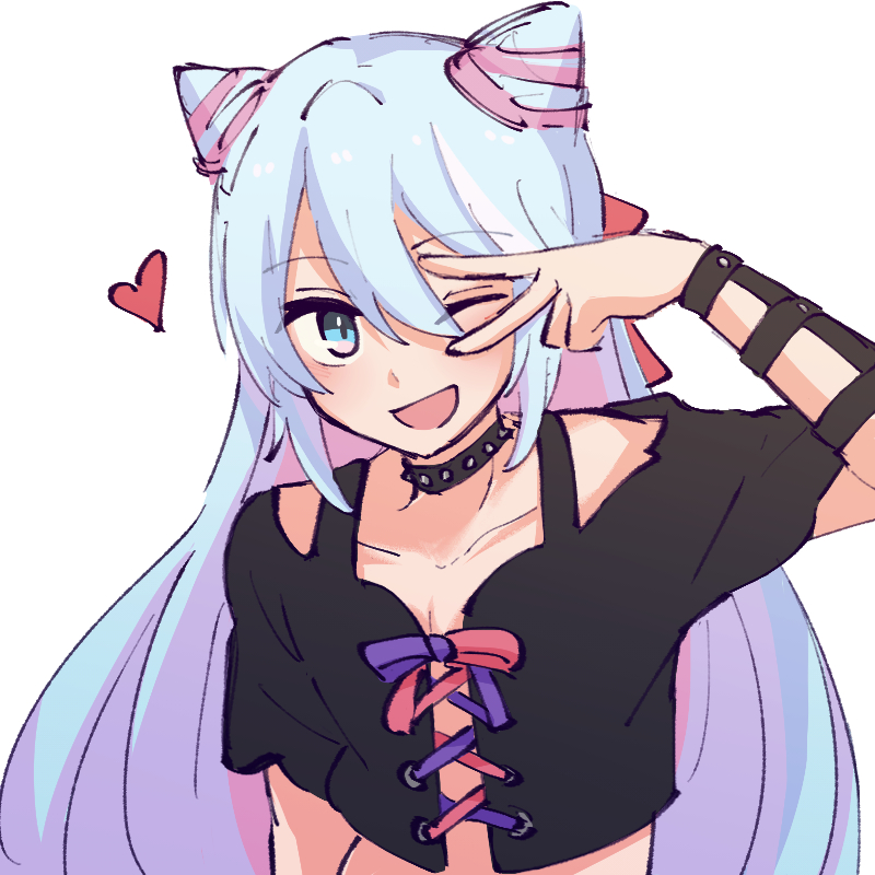 1boy, alonemistrist, androgynous, blue_eyes, blue_hair, choker, cone_hair_bun, diamond_cutout, double_bun, drill_hair, fire_emblem, fire_emblem_engage, folded_twintails, hair_bun, hair_horns, heart, light_blue_hair, nintendo, rosado_(fire_emblem), trap, v, v_over_eye