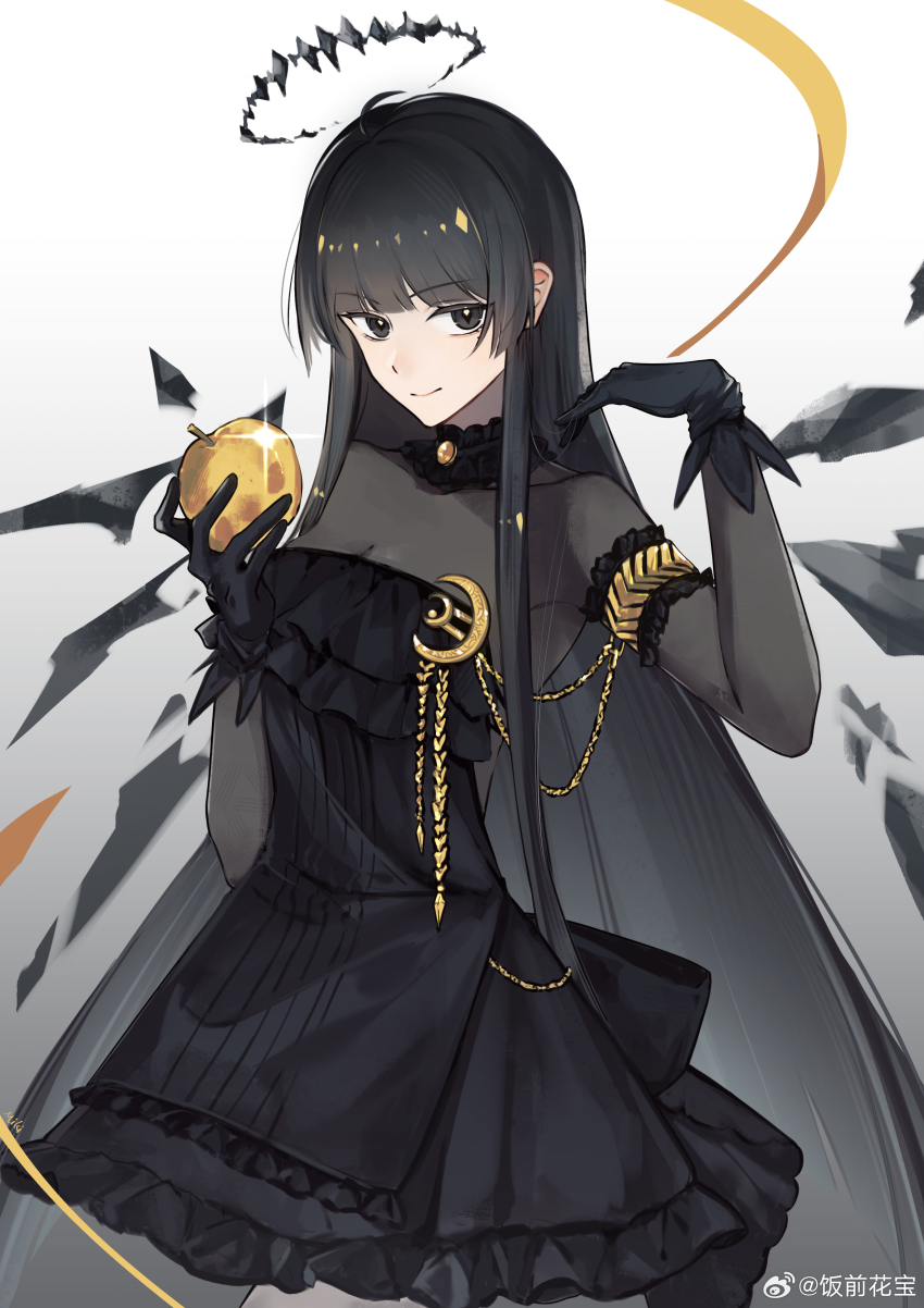 1girl, absurdres, apple, arknights, black_dress, black_eyes, black_gloves, black_hair