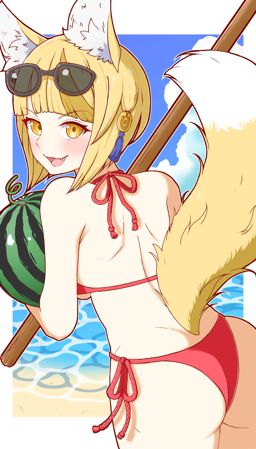 1girl, absurdres, alternate_costume, amagumo1023, animal_ears, beach, bikini, blonde_hair