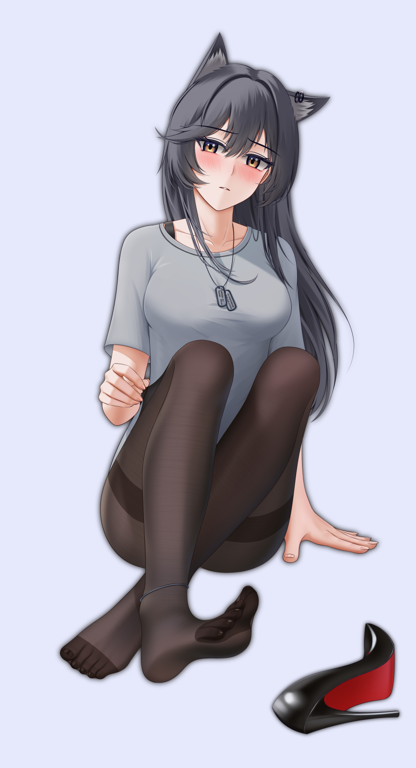 1girl, absurdres, alter_kamerade, animal_ear_piercing, animal_ears, arknights, black_hair, black_shoes