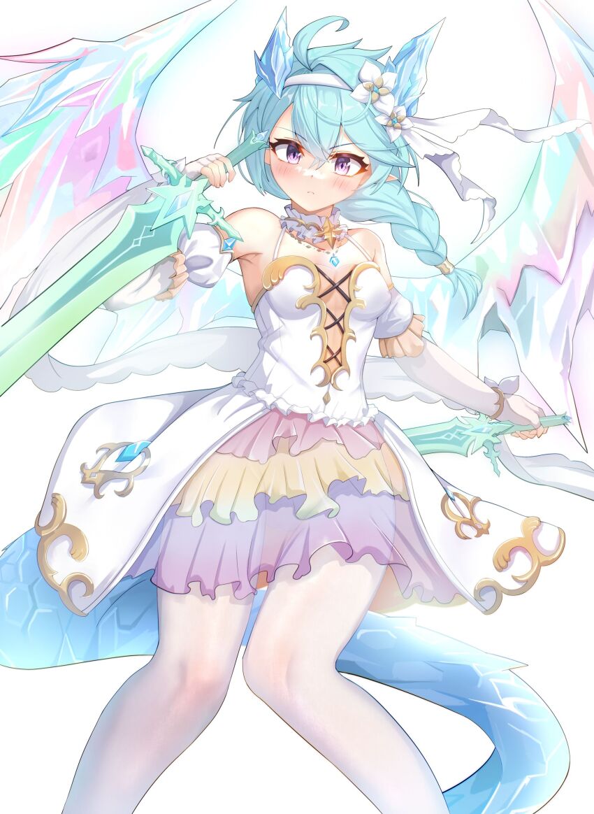 1girl, absurdres, bare_shoulders, blue_hair, blue_horns, blush, braid, braided_ponytail, breasts, closed_mouth, collar, cowboy_shot, craig_(2980ct), cross-laced_clothes, cross-laced_dress, crystal_horns, crystal_wings, dagger, detached_sleeves, dragon_girl, dragon_tail, dragon_wings, dress, flower, gloves, hair_between_eyes, hair_flower, hair_ornament, hairband, half_gloves, highres, holding, holding_dagger, holding_knife, holding_sword, holding_weapon, horns, knees_together_feet_apart, knife, layered_skirt, light_blue_hair, medium_hair, multicolored_skirt, pantyhose, princess_connect!, puffy_sleeves, purple_eyes, see-through_clothes, see-through_skirt, sheffy_(princess)_(princess_connect!), sheffy_(princess_connect!), simple_background, single_braid, skirt, small_breasts, solo, sword, tail, weapon, white_background, white_collar, white_dress, white_flower, white_gloves, white_hairband, white_pantyhose, wings