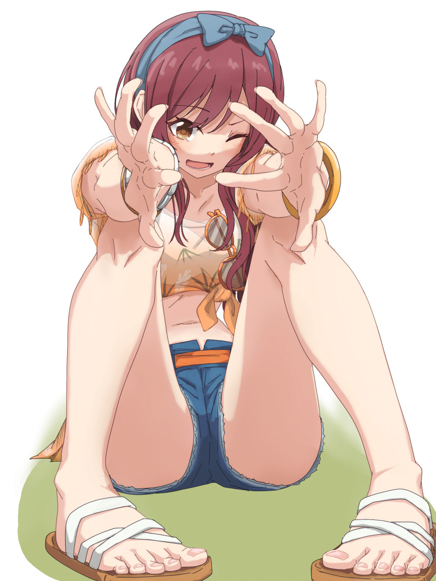 1girl, bare_legs, belt, blue_bow, blue_shorts, blush, bow, bracelet