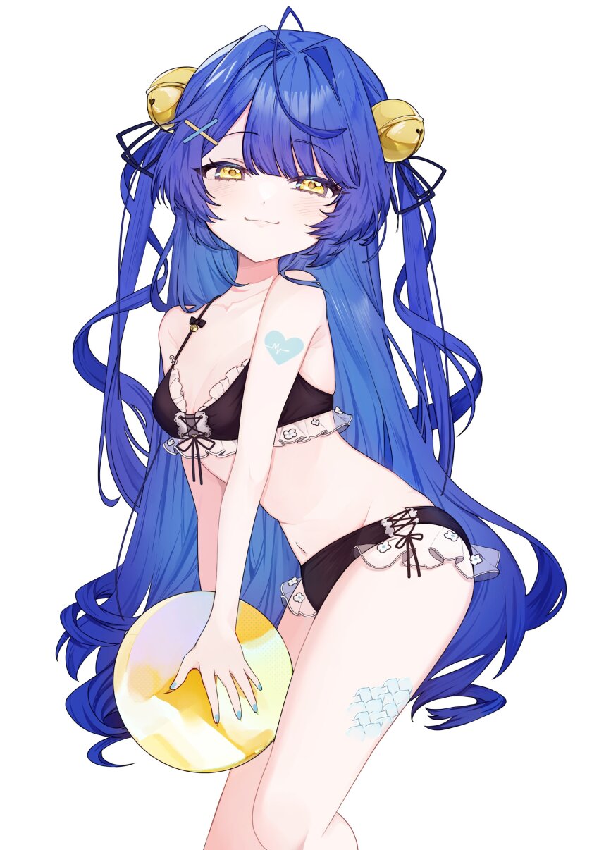 1girl, :3, absurdres, ahoge, amamiya_kokoro, amamiya_kokoro_(7th_costume), ball, beachball, bell, bikini, black_bikini, blue_hair, blue_nails, breasts, cross-laced_bikini, cross-laced_clothes, doyagao, frilled_bikini, frills, hair_bell, hair_ornament, hair_tie, heart, highres, jingle_bell, long_hair, looking_at_viewer, navel, nijisanji, p_kotai, scales, see-through_clothes, small_breasts, smile, smug, solo, squinting, swimsuit, thighs, twintails, virtual_youtuber, x_hair_ornament, yellow_eyes