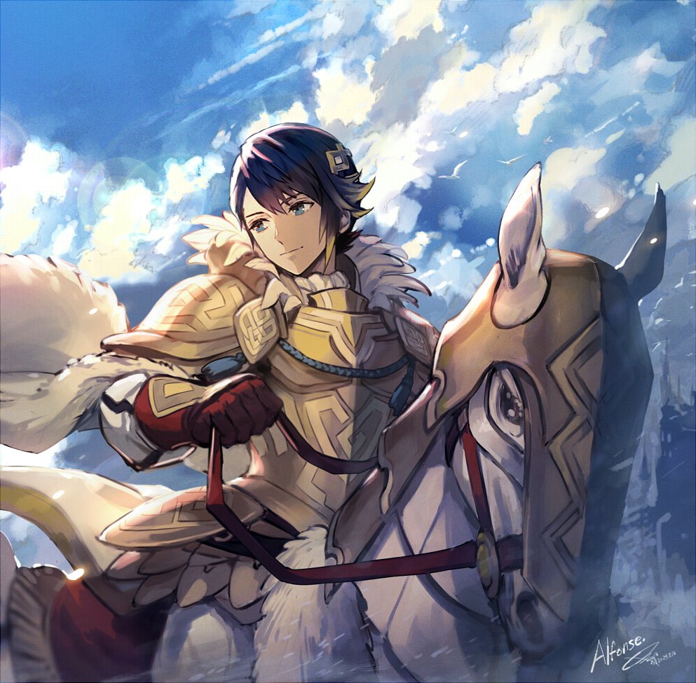 1boy, alfonse_(fire_emblem), alfonse_(heir_to_openness)_(fire_emblem), armor, blonde_hair, blue_eyes, blue_hair, cape
