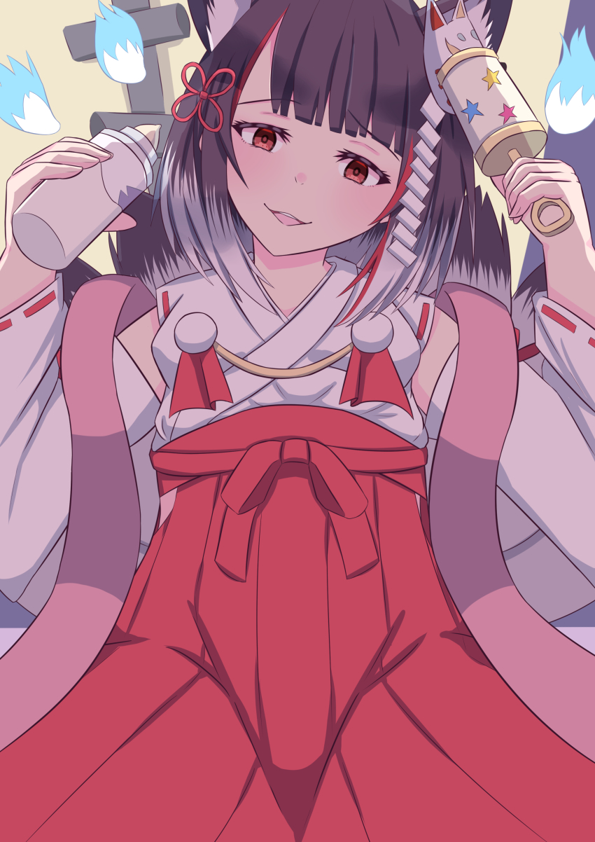 1girl, absurdres, bare_shoulders, bib, brown_hair, detached_sleeves, fox_girl, fox_tail