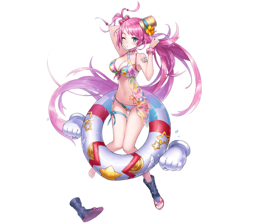 1girl, barefoot, bikini, blue_eyes, flower, freikugel, full_body, hair_flower