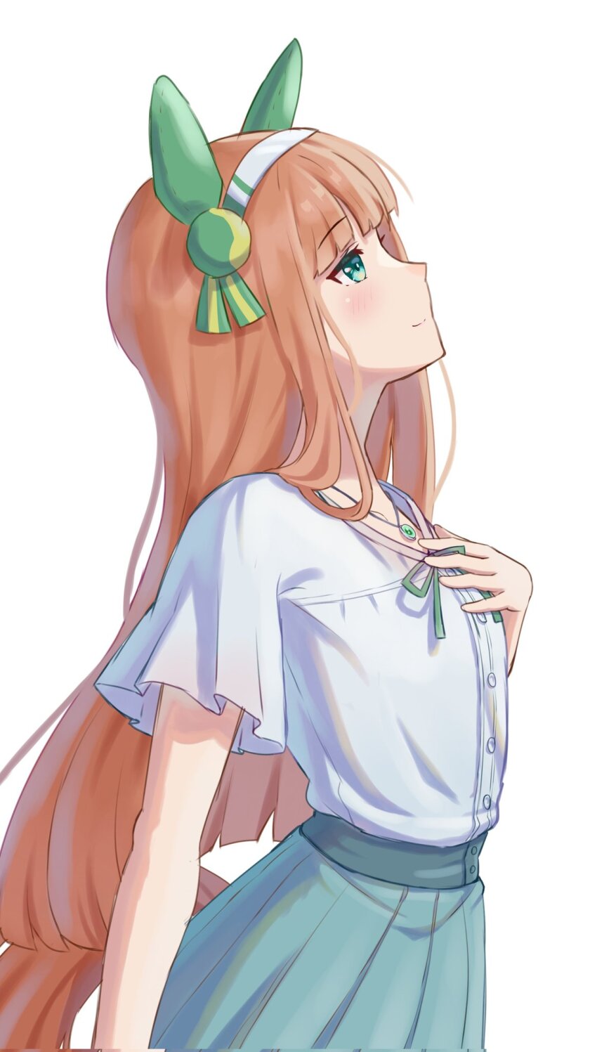 1girl, animal_ears, blunt_bangs, casual, ear_covers, from_side, green_eyes, green_skirt