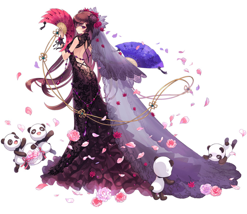 1girl, back, bashosen, black_dress, closed_mouth, dress, eyeshadow, flower