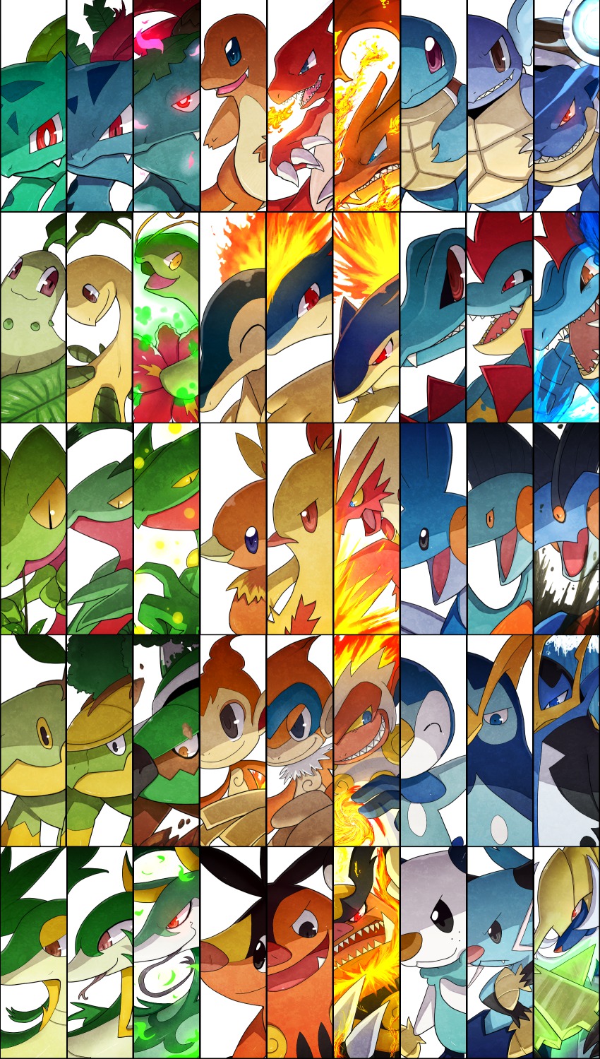 absurdres, bayleef, blastoise, blaziken, bulbasaur, charizard, charmander, charmeleon, chikorita, chimchar, column_lineup, combusken, croconaw, cyndaquil, dewott, disgaea, emboar, empoleon, evolutionary_line, feraligatr, furry, gen_1_pokemon, gen_2_pokemon, gen_3_pokemon, gen_4_pokemon, gen_5_pokemon, glowing, glowing_eyes, grid_lineup, grotle, grovyle, highres, infernape, ivysaur, marshtomp, meganium, monferno, mudkip, nintendo, nippon_ichi, oshawott, parody, pignite, piplup, pokemon, pokemon_(creature), pokemon_black_and_white, pokemon_diamond/pearl/platinum, pokemon_focus, pokemon_gold/silver/crystal, pokemon_red/green/blue/yellow, pokemon_ruby/sapphire/emerald, prinplup, quilava, rae_(hexedwithluck), samurott, sceptile, serperior, servine, snivy, source_request, squirtle, starter_pokemon_trio, swampert, tepig, torchic, torterra, totodile, treecko, turtwig, typhlosion, venusaur, wartortle