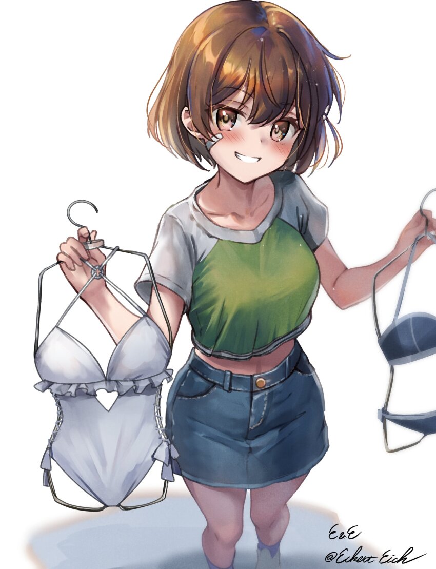 1girl, absurdres, bandaid, bandaid_on_face, bikini, blue_bikini, blue_skirt, brown_eyes, casual_one-piece_swimsuit, clothes_hanger, cosplay, criss-cross_halter, denim_shirt, eckert&amp;eich, flower, frilled_one-piece_swimsuit, frills, green_shirt, grin, hair_flower, hair_ornament, hairband, halterneck, highleg, highleg_one-piece_swimsuit, highres, holding, holding_clothes_hanger, kantai_collection, oboro_(kancolle), oboro_(pm_swimsuit)_(kancolle), oboro_(sasebo_2023)_(kancolle), official_alternate_costume, one-piece_swimsuit, parted_lips, raglan_sleeves, sagiri_(kancolle), sagiri_(kancolle)_(cosplay), sagiri_(swimsuit)_(kancolle), shirt, short_hair, side-tie_swimsuit, simple_background, skirt, smile, solo, swimsuit, unworn_swimsuit, white_background, white_one-piece_swimsuit