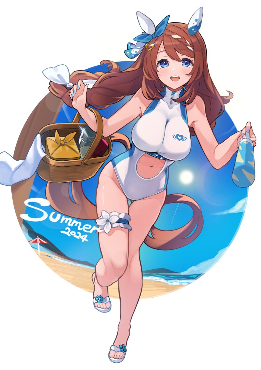 1girl, 2024, :d, absurdres, alternate_costume, animal_ears, bare_shoulders, basket