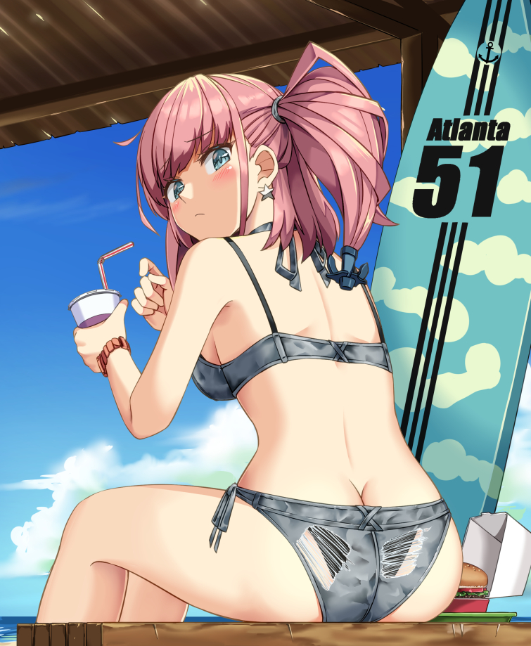 1girl, ass, atlanta_(kancolle), atlanta_(swimsuit)_(kancolle), back, bikini, breasts, brown_hair