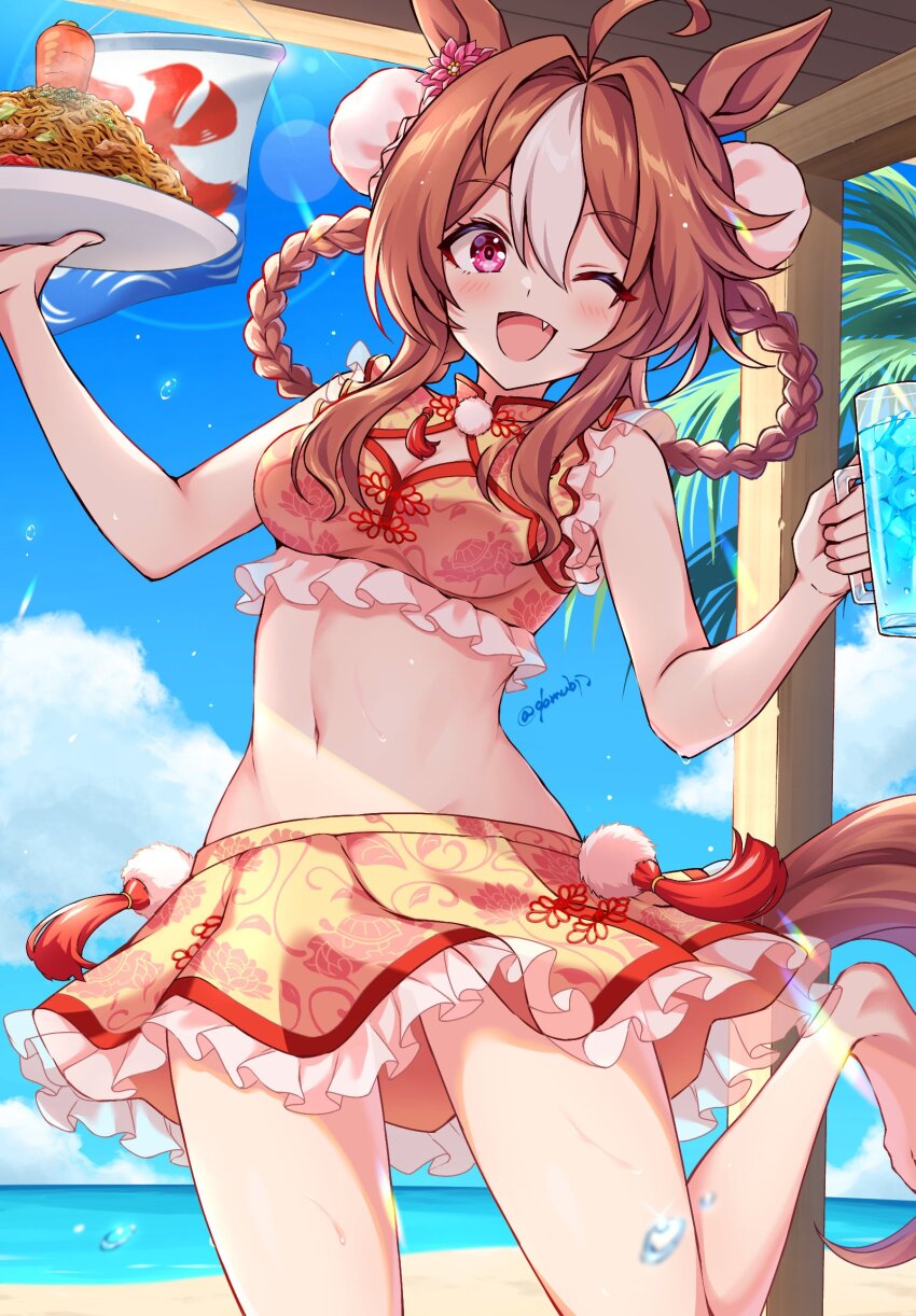 1girl, 96mubi, ;d, ahoge, animal_ears, beach, braid, braided_hair_rings
