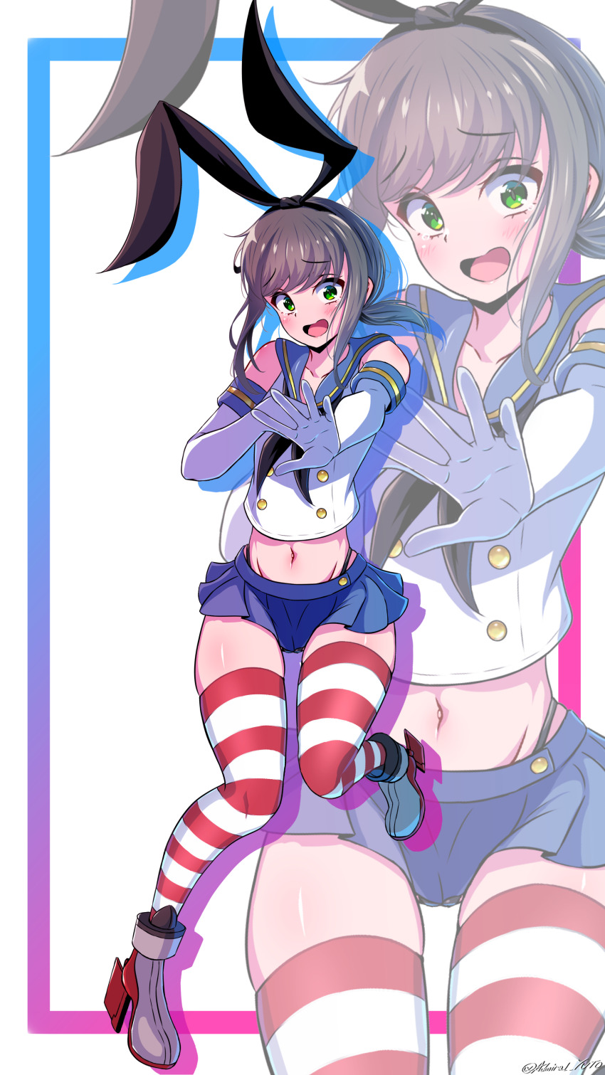 1girl, absurdres, black_hairband, black_neckerchief, black_panties, blue_sailor_collar, blue_skirt, brown_hair