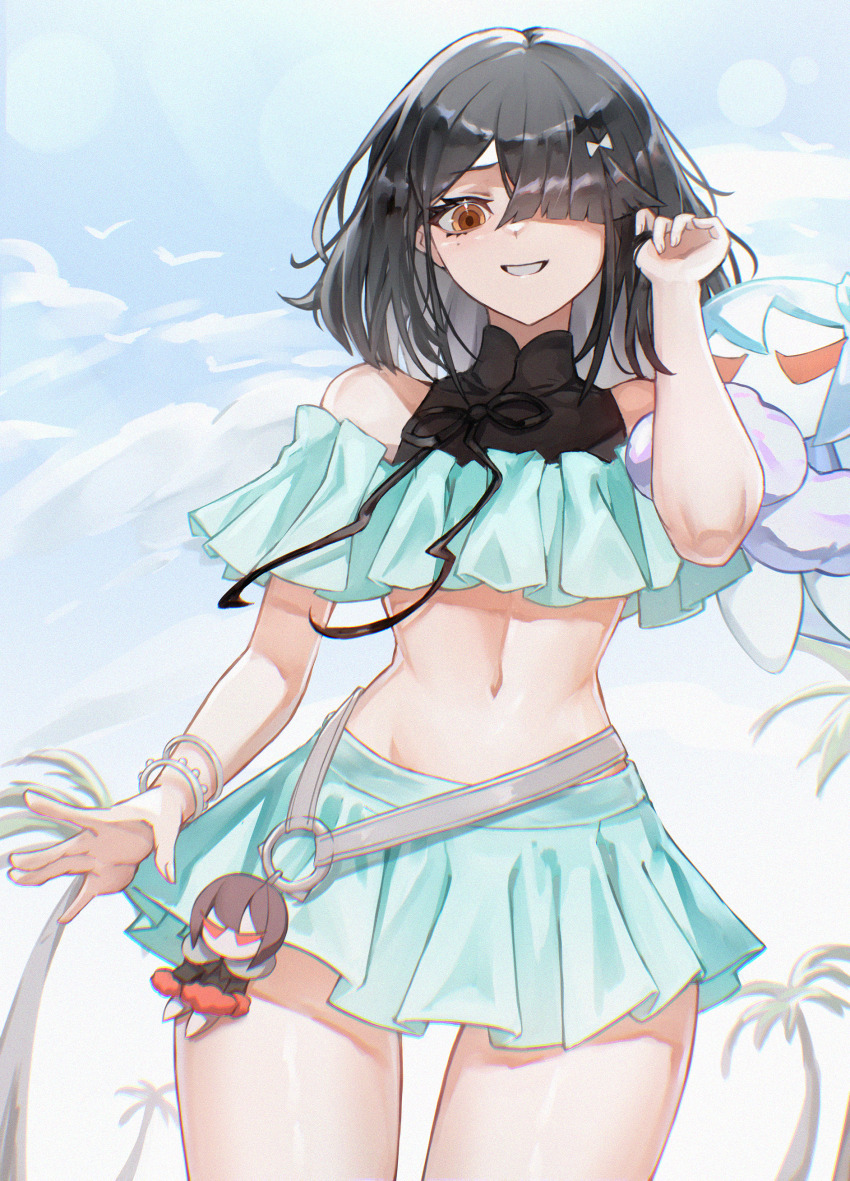 1girl, absurdres, aqua_bikini, aqua_skirt, bare_shoulders, bikini, black_hair, blue_sky