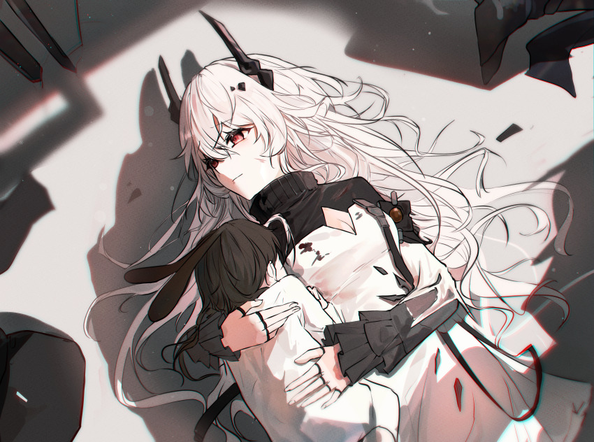 1girl, 1other, absurdres, ambiguous_gender, animal_ears, arknights, black_dress, black_horns