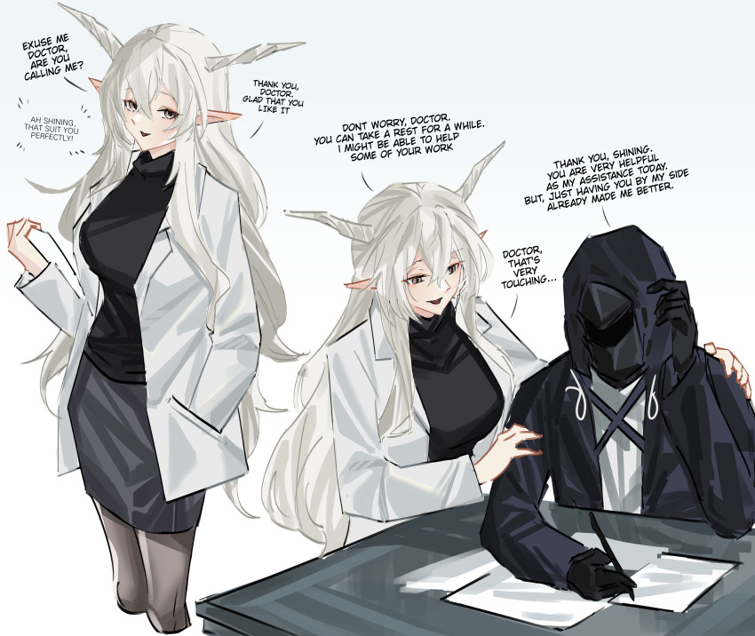 1girl, 1other, absurdres, arknights, black_gloves, black_jacket, black_skirt, black_sweater