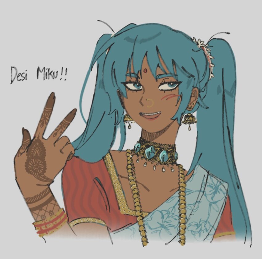 1girl, aqua_hair, asian_indian_clothes, bindi, dark-skinned_female, dark_skin, desi, dress, earrings, face_piercing, facial_mark, forehead_mark, hand_up, hatsune_miku, henna, highres, indian_clothes, jewelry, kurocrow, latin_american_hatsune_miku_(meme), long_hair, necklace, nose_piercing, nose_ring, open_mouth, piercing, red_dress, ring_piercing, sari, sash, simple_background, smile, solo, upper_body, v, very_long_hair, vocaloid, white_background, white_sash, worldwide_miku