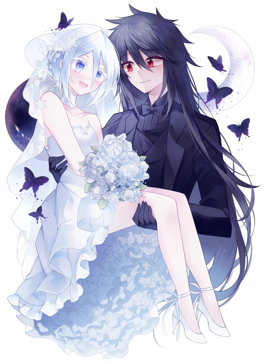 1boy, 1girl, :d, adapted_costume, bankai, bare_legs, bare_shoulders, black_bow