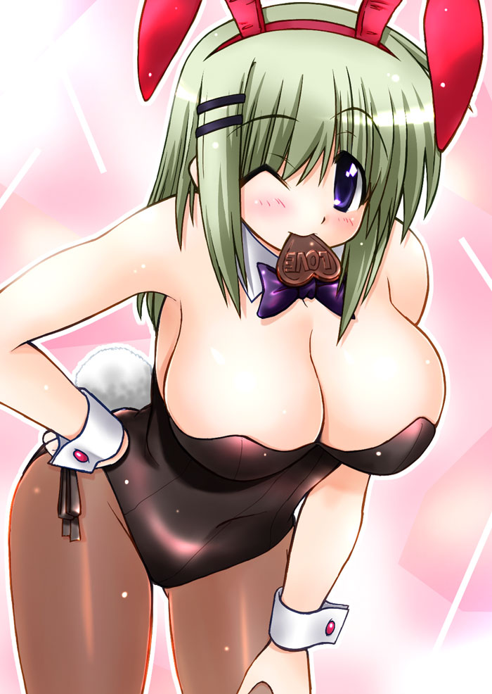 animal_ears, blue_eyes, breasts, chocolate, cleavage, fake_animal_ears, green_hair, hair_ornament, hairclip, huge_breasts, large_breasts, leaning_forward, legs, mouth_hold, one_eye_closed, pantyhose, playboy_bunny, rabbit_ears, short_hair, solo, sugina_fujitaka, thighs, torikoro, wink, yuzaki_tatami