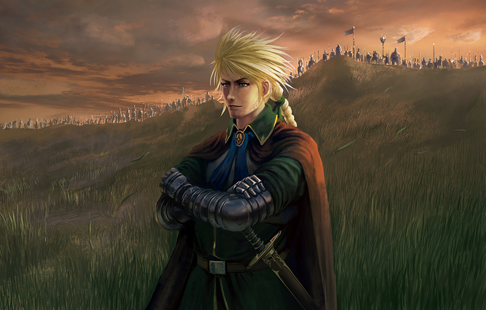 1boy, armor, army, beard, belt, blonde_hair, blue_eyes, braid, brooch, cape, facial_hair, field, grass, jewelry, long_hair, male_focus, noba, pixiv_fantasia, pixiv_fantasia_5, ribbon, roderick_(pixiv_fantasia), single_braid, sky, soldier, solo, sword, weapon