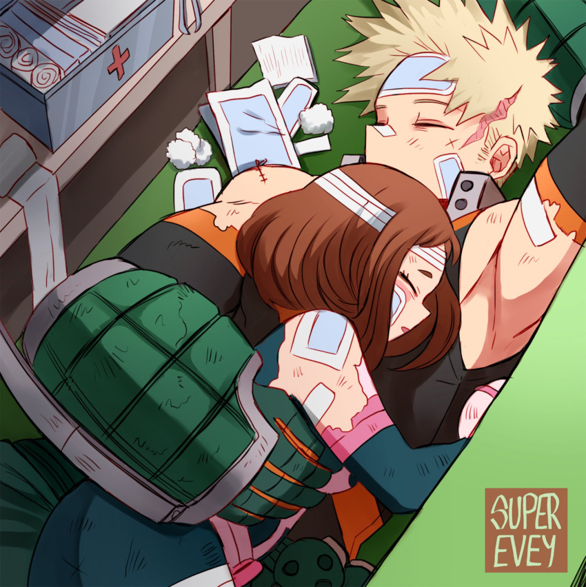1boy, 1girl, armpits, bakugou_katsuki, bandages, bandaid, bandaid_on_face, bandaid_on_nose, belt, blonde_hair, blush_stickers, boku_no_hero_academia, breasts, brown_hair, cotton_ball, couch, explosive, grenade, hetero, highres, lying_on_person, medium_breasts, muscular, muscular_male, scar_on_head, short_hair, sleeping, sleeping_on_person, spiked_hair, stitched_arm, stitches, superevey1, superhero_costume, tank_top, torn_clothes, uraraka_ochako, uraraka_ochako_(hero_outfit)