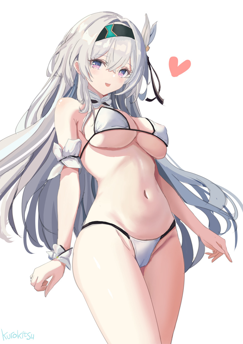 1girl, absurdres, bare_shoulders, bikini, black_hairband, breasts, cleavage, cowboy_shot