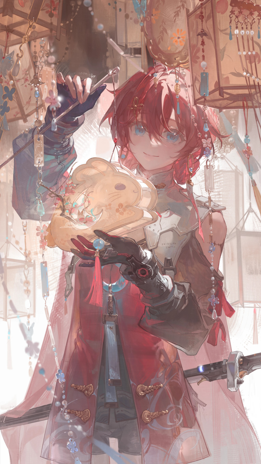 1girl, absurdres, animal_lantern, asymmetrical_gloves, blue_eyes, body_markings, braid, braided_bun