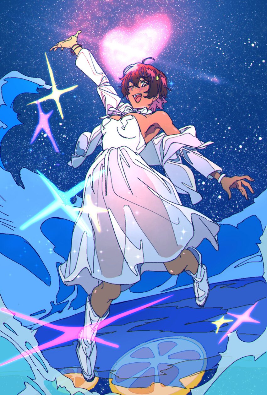 1girl, ahoge, arm_up, arms_at_sides, black_hair, blush, boots, bow, bowtie, bracelet, breasts, cloud, dark-skinned_female, dark_skin, dress, food, food-themed_hair_ornament, formal_clothes, fruit, full_body, hair_ornament, heart, highres, jewelry, knee_boots, lemon, lemon_hair_ornament, long_sleeves, looking_at_viewer, make_heroine_ga_oo_sugiru!, mang77089, medium_breasts, multiple_bracelets, off_shoulder, one_eye_closed, open_mouth, see-through_silhouette, short_hair, single_bare_shoulder, sky, solo, star_(sky), starry_sky, strapless, strapless_dress, suit, teeth, upper_teeth_only, white_boots, white_bow, white_bowtie, white_dress, white_suit, yakishio_lemon