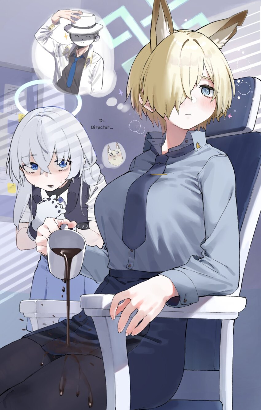1boy, 2girls, animal_ears, blonde_hair, blue_archive, coffee, coffee_mug, cup
