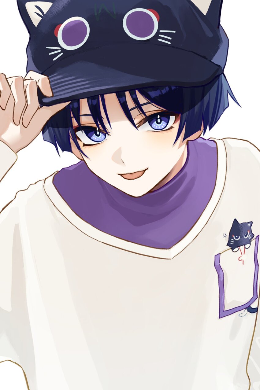 1boy, :p, adjusting_eyewear, arm_up, bishounen, black_hat, blunt_ends, breast_pocket