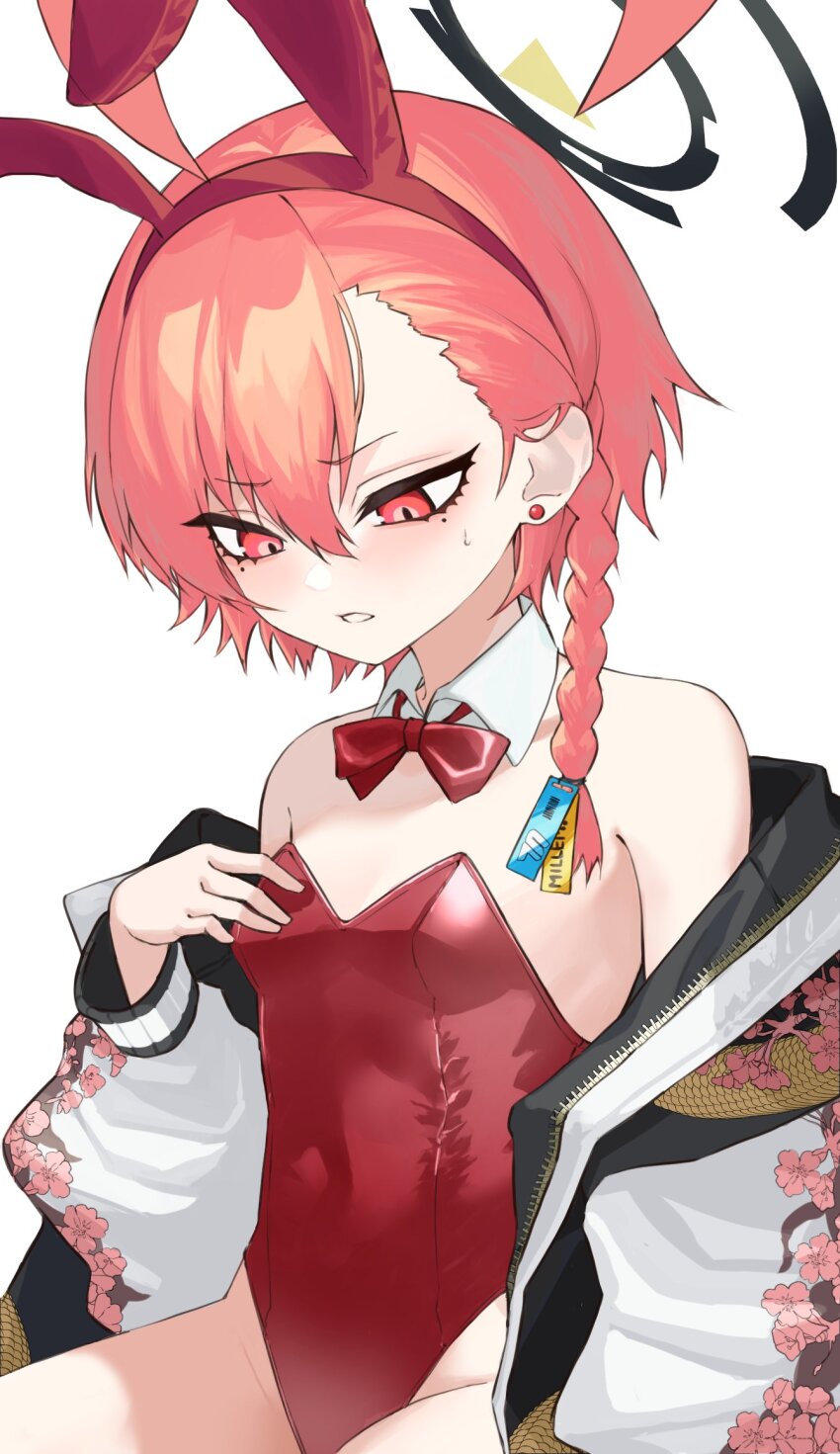 1girl, animal_ear_hairband, animal_ears, arm_at_side, asymmetrical_bangs, asymmetrical_hair, blue_archive, bow, bowtie, braid, breast_conscious, breasts, collar, commentary_request, covered_navel, cowboy_shot, detached_collar, downturned_eyes, earrings, fake_animal_ears, floral_print, furrowed_brow, groin, hair_between_eyes, hairband, hand_on_own_chest, highres, hood, hooded_jacket, hoodie, jacket, jacket_partially_removed, jewelry, leotard, looking_down, lower_eyelashes_only, mmmygp, mole, mole_under_each_eye, mole_under_eye, multiple_moles, neru_(blue_archive), neru_(bunny)_(blue_archive), off_shoulder, official_alternate_costume, parted_lips, petite, pink_eyes, pink_hair, print_hoodie, rabbit_ears, red_bow, red_bowtie, red_hairband, red_leotard, short_hair_with_long_locks, side_braid, side_part, simple_background, sitting, small_breasts, small_hands, solo, sweatdrop, thighhighs, white_background, white_collar, white_hoodie, wing_collar, zettai_ryouiki