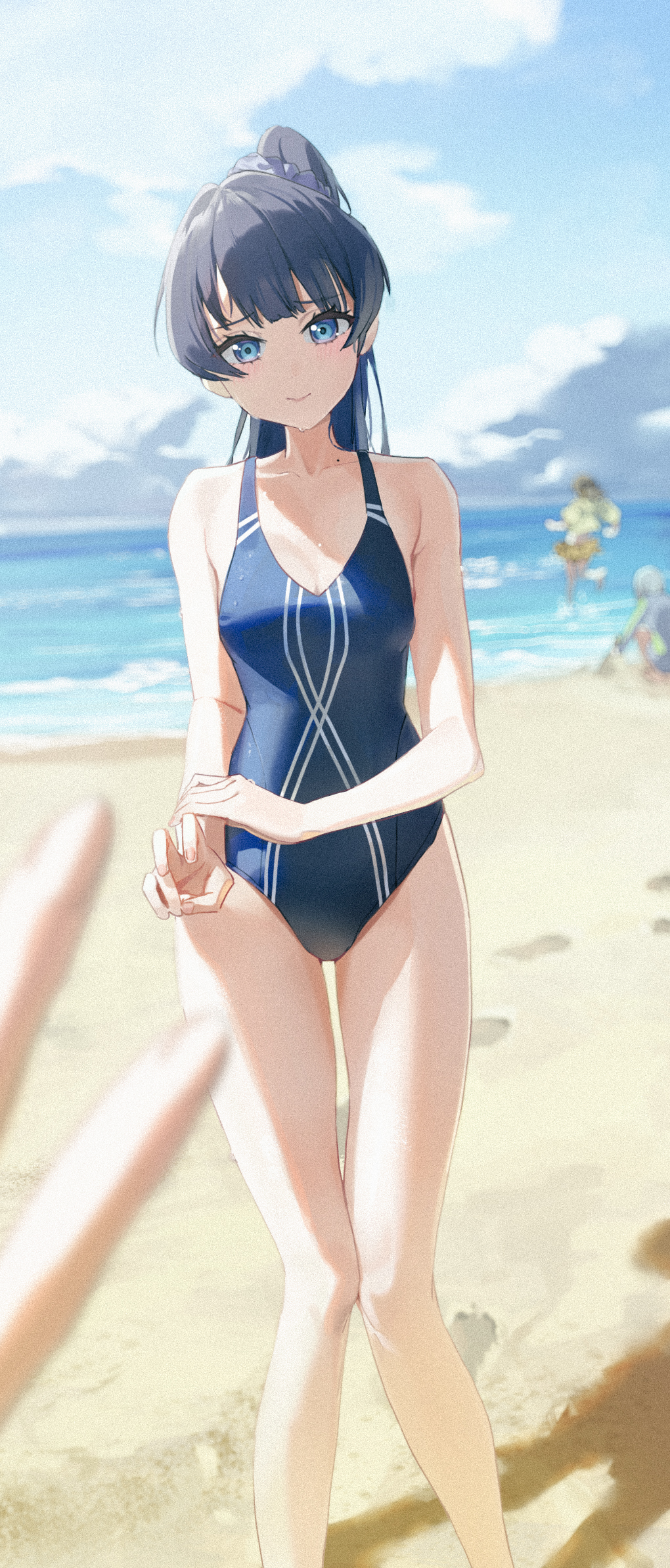 4girls, beach, blue_eyes, blue_hair, blue_one-piece_swimsuit, blurry, blurry_background, blurry_foreground