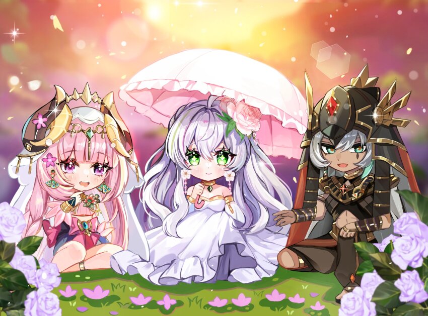 1boy, 2girls, armor, bare_shoulders, black_armor, black_helmet, choker, closed_mouth, dark-skinned_male, dark_skin, dress, earrings, flower, flower_earrings, genshin_impact, goddess_of_flowers_(genshin_impact), green_eyes, hair_flower, hair_ornament, helmet, highres, holding, holding_umbrella, horns, jewelry, king_deshret_(genshin_impact), long_hair, multiple_girls, off-shoulder_dress, off_shoulder, open_mouth, pink_eyes, pink_flower, pink_hair, rukkhadevata_(genshin_impact), sidelocks, sitting, smile, umbrella, veil, very_long_hair, veryslow_zzzpin, white_dress, white_veil