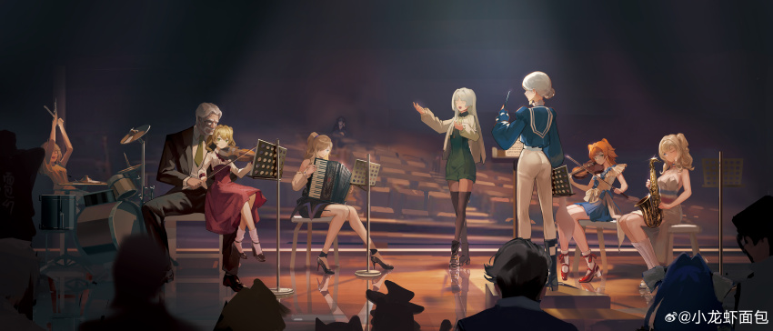 1boy, 6+girls, ;), absurdres, accordion, arms_up, black_footwear, black_jacket