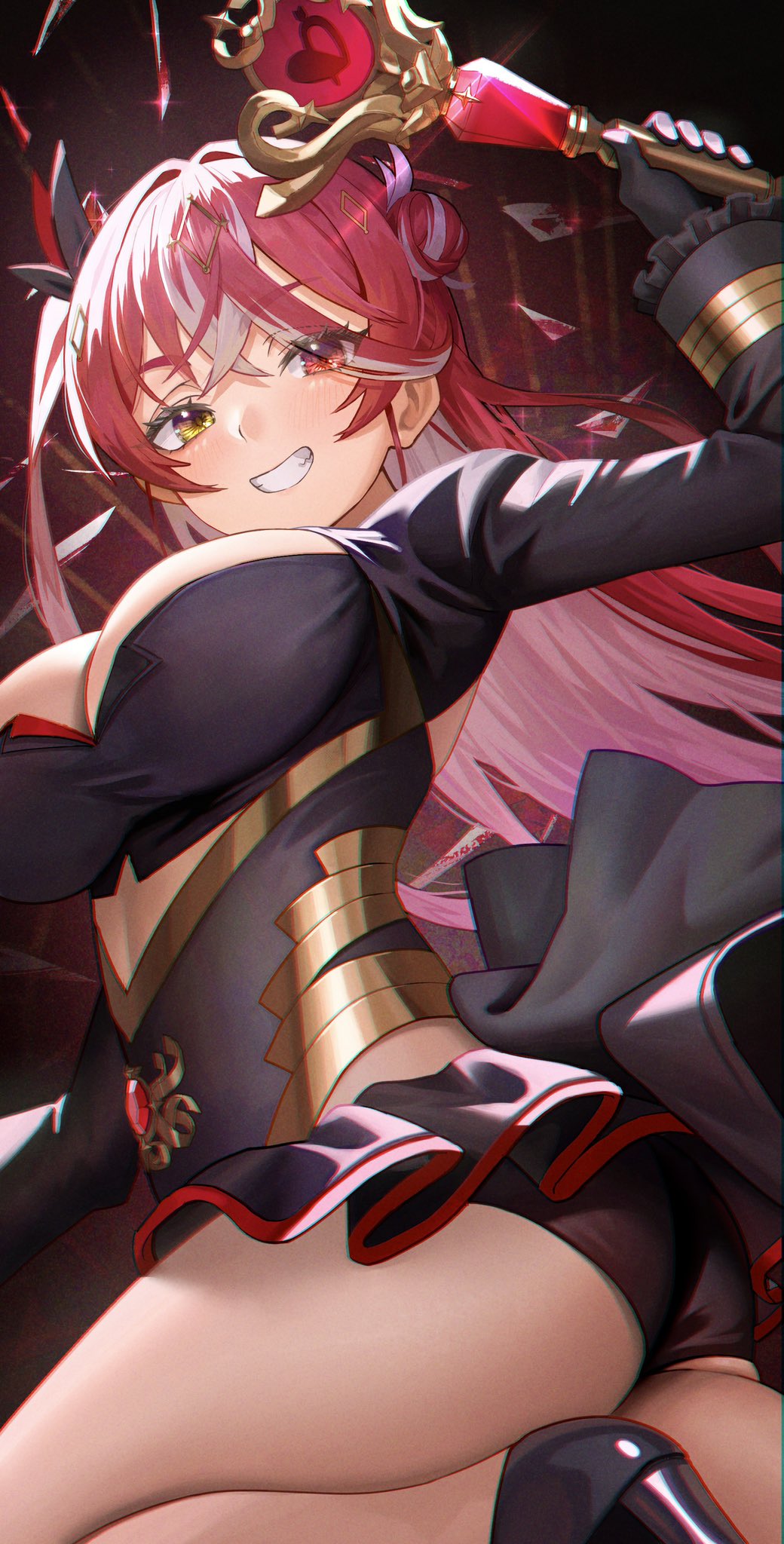 black_dress, black_shorts, breasts, cleavage, double_bun, dress, from_behind, hair_bun