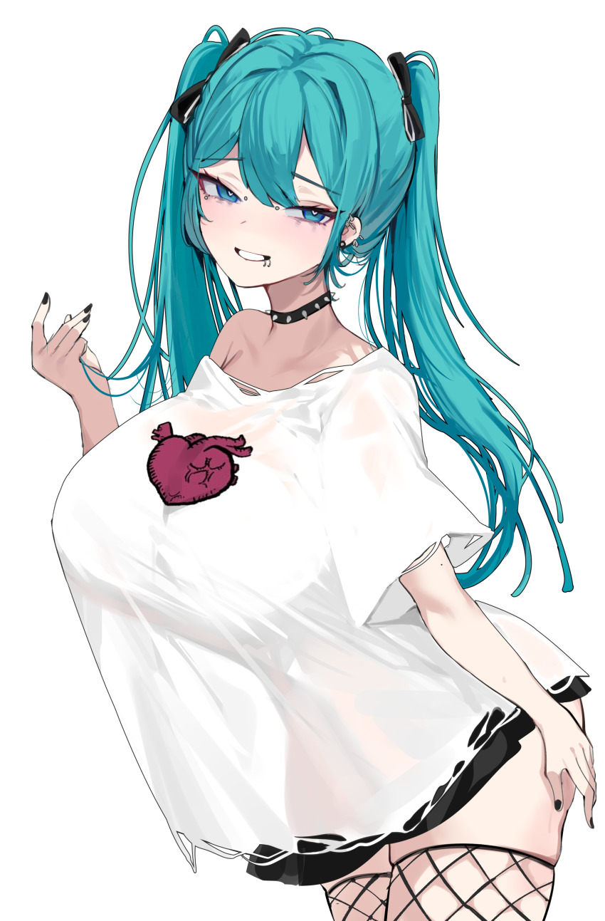 1girl, absurdres, alternate_breast_size_(larger), aqua_eyes, aqua_hair, black_choker, black_nails, black_ribbon, black_skirt, black_thighhighs, blush, breasts, choker, commentary, ear_piercing, earrings, face_piercing, fishnet_thighhighs, fishnets, grin, gurami_(zangizarang), hair_ribbon, hand_up, hatsune_miku, heart, heart_in_eye, heart_print, highres, huge_breasts, jewelry, lip_piercing, long_hair, looking_at_viewer, nail_polish, off-shoulder_shirt, off_shoulder, piercing, ribbon, sad_girl_sex_(vocaloid), see-through_silhouette, shirt, short_sleeves, simple_background, single_off_shoulder, skirt, smile, solo, spiked_choker, spiked_ear_piercing, spikes, symbol_in_eye, thighhighs, thighs, torn_clothes, torn_shirt, twintails, vocaloid, white_background, white_shirt