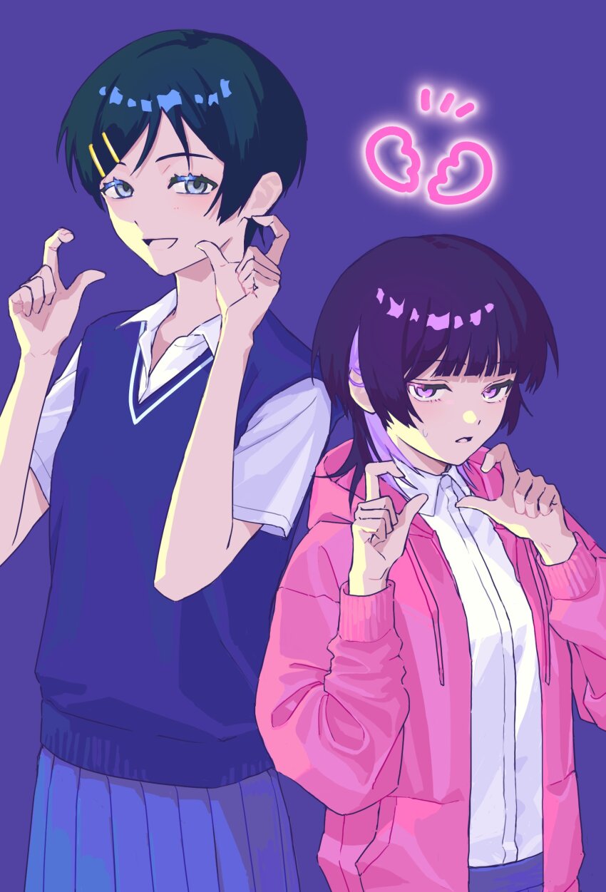 2girls, :d, absurdres, black_hair, blue_skirt, blue_sweater_vest, broken_heart, broken_heart_hands