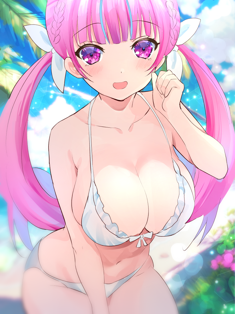 1girl, alternate_costume, aqua_hair, bare_arms, bare_shoulders, beach, bikini, blue_sky