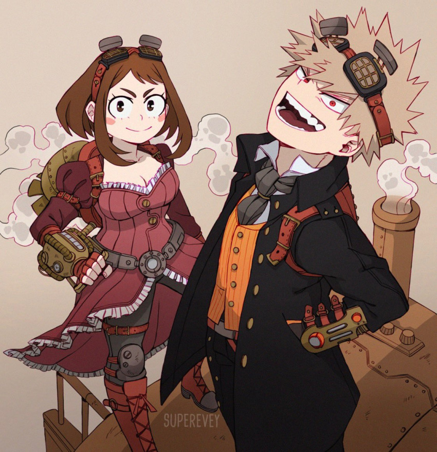 1boy, 1girl, alternate_costume, bakugou_katsuki, blonde_hair, blush_stickers, boku_no_hero_academia, boots