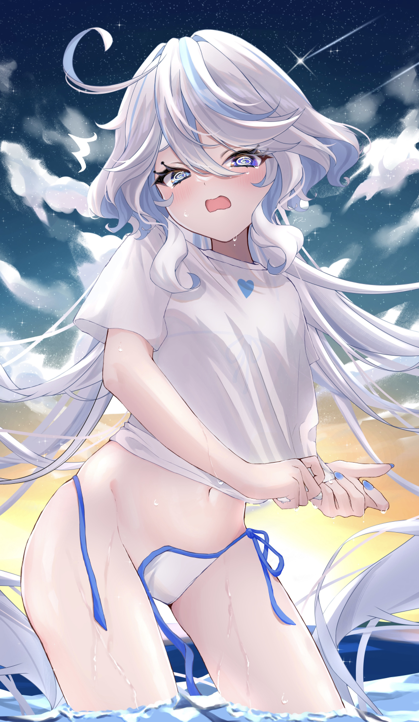 1girl, @_@, absurdres, ahoge, alternate_costume, bikini, blue_eyes, blue_hair, blue_nails, blush, breasts, cloud, cloudy_sky, contrapposto, drop-shaped_pupils, dusk, floating_hair, furina_(genshin_impact), genshin_impact, gradient_sky, hair_between_eyes, head_tilt, heart, heart_print, heterochromia, highres, light_blue_hair, light_blush, long_hair, looking_at_viewer, midriff_peek, multicolored_hair, navel, ocean, open_mouth, outdoors, rinmel9, shirt, sidelocks, sky, small_breasts, solo, spaghetti_strap, standing, standing_on_liquid, star_(sky), starry_sky, swimsuit, symbol-shaped_pupils, teeth, two-tone_hair, upper_teeth_only, very_long_hair, wardrobe_malfunction, wavy_hair, wet, white_bikini, white_hair, white_shirt