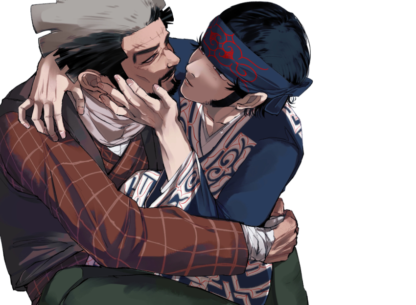 2boys, ainu_clothes, anko_(mwnwm), beard, black_hair, black_vest, blue_headband, brown_shirt, eye_contact, facial_hair, golden_kamuy, green_pants, grey_hair, headband, hug, kirawus_(golden_kamuy), long_sideburns, looking_at_another, male_focus, multicolored_hair, multiple_boys, mustache, nihei_tetsuzou, pants, scar, scar_on_face, scar_on_forehead, shirt, sideburns, sitting, two-tone_hair, vest, white_background, wide_sleeves, yaoi