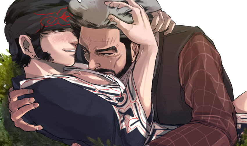 2boys, ainu_clothes, anko_(mwnwm), beard, blush, brown_shirt, cheekbones, facial_hair