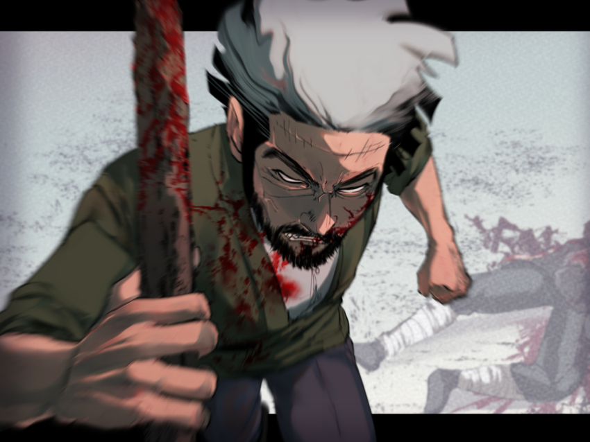 1boy, angry, anko_(mwnwm), beard, black_hair, blank_eyes, blood, blood_on_clothes