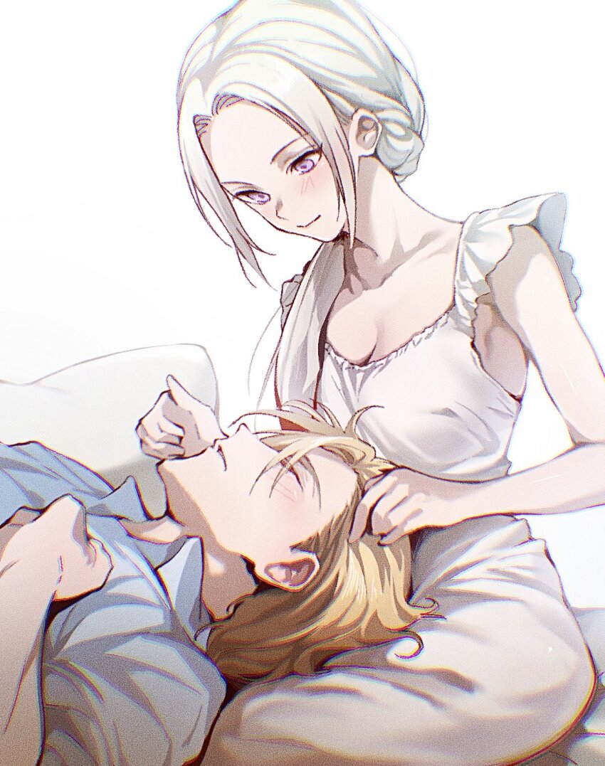 1boy, 1girl, armpits, bare_arms, bare_shoulders, blonde_hair, blue_shirt, breasts