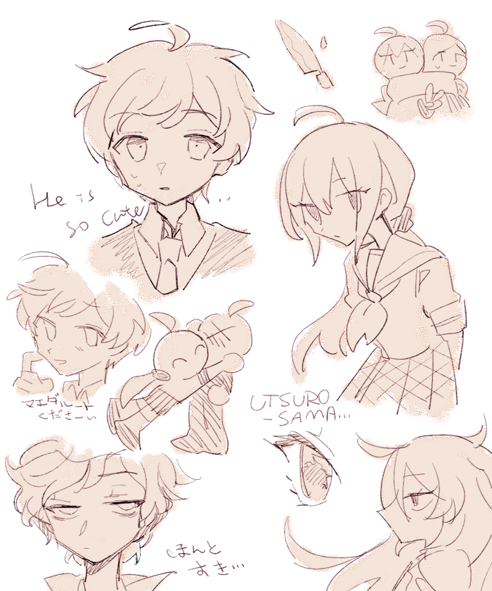 2boys, 2girls, ahoge, arms_around_neck, arms_behind_back, bags_under_eyes, blazer, blush